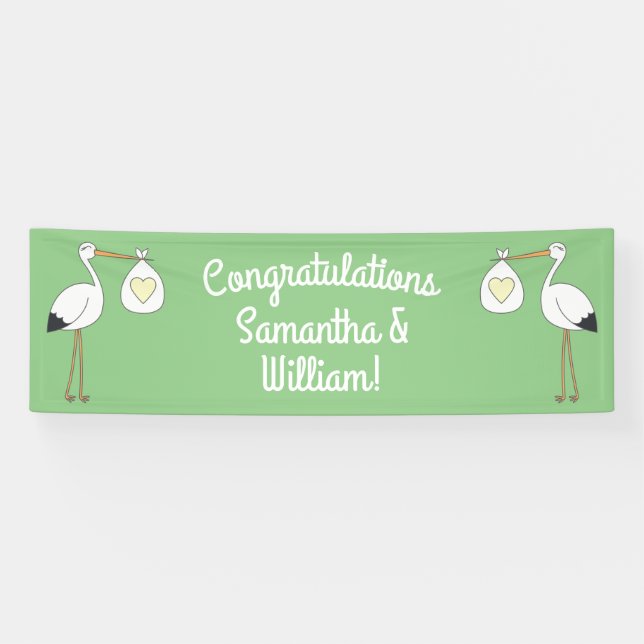 Banderoles Baby shower de cigogne vert genre neutre (Horizontal)