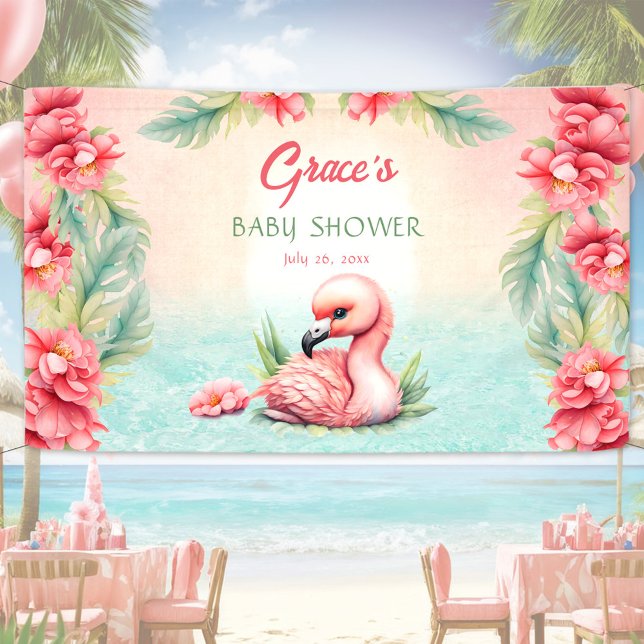Banderoles Baby shower de fille Flamant rose rose d'été tropi (Tropical Summer Pink Flamingo Girl Baby Shower Banner)