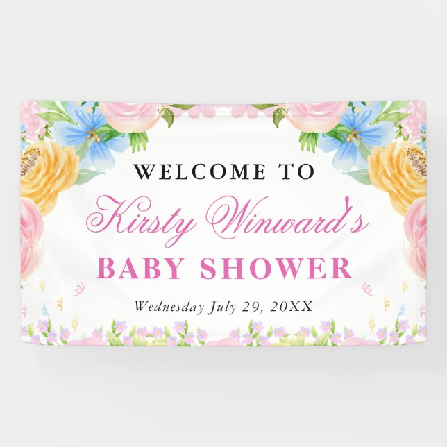 Banderoles Baby shower de fleurs d'été rose, bleu et jaune (Horizontal)