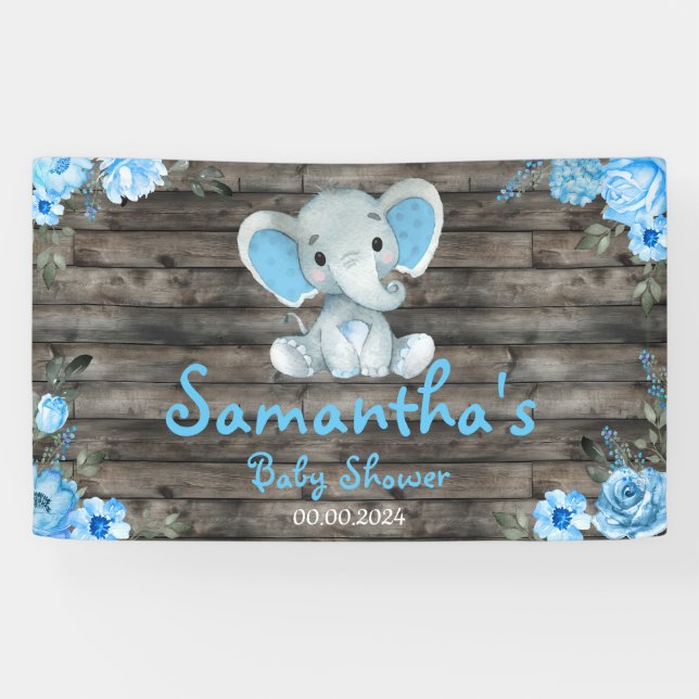 Banderoles Baby shower de fond d'éléphant de garçon bleu rust (Horizontal)