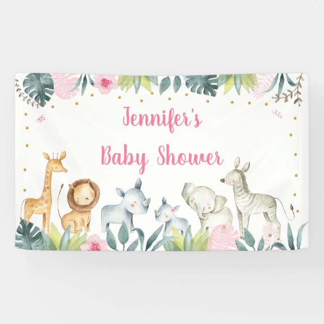 Banderoles Baby shower de la jungle de Safari rose (Horizontal)