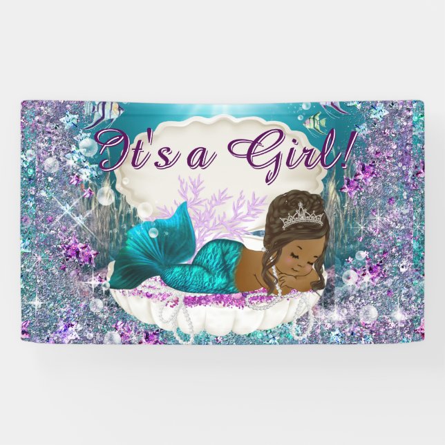 Banderoles Baby shower de la princesse Mermaid africaine amér (Horizontal)