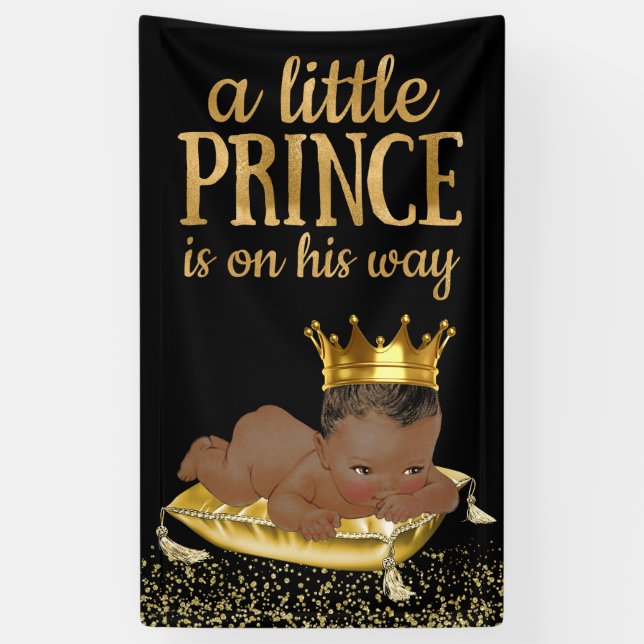 Banderoles Baby shower de Prince afro-américain noir et or (Vertical)