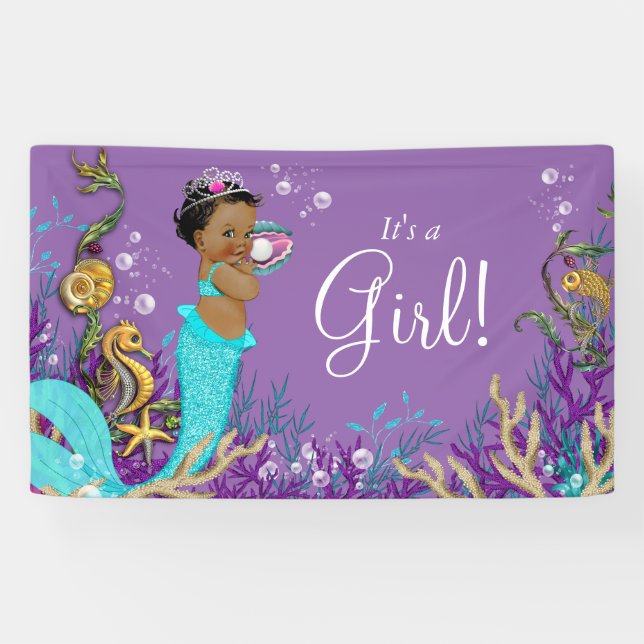 Banderoles Baby shower de sirène afro-américain (Horizontal)
