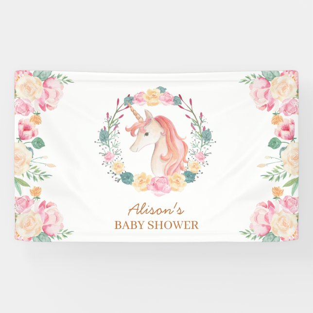 Banderoles Baby shower de verdure rose Unicorne sur fond (Horizontal)