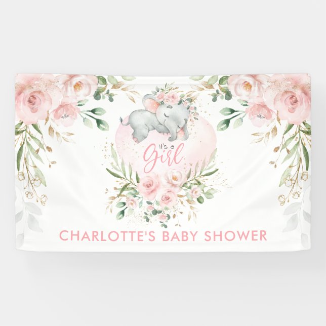 Banderoles Baby shower d'éléphant floral mou rose or (Horizontal)