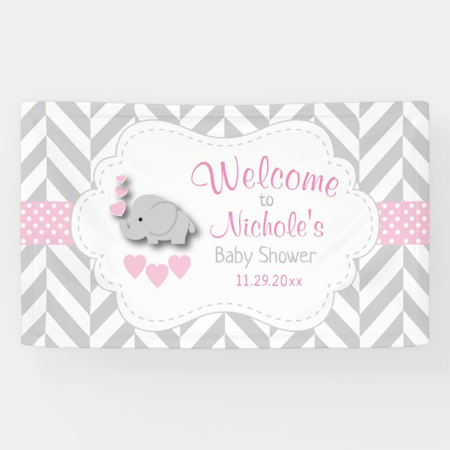 Banderoles Baby shower d'éléphant rose et gris blanc (Horizontal)