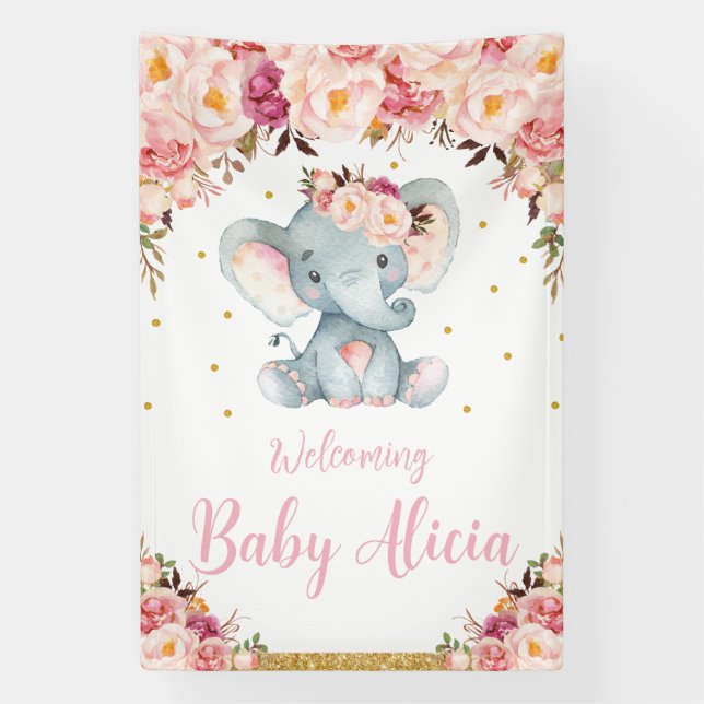 Banderoles Baby shower d'éléphants floraux de la Pêche à chai (Verticale)