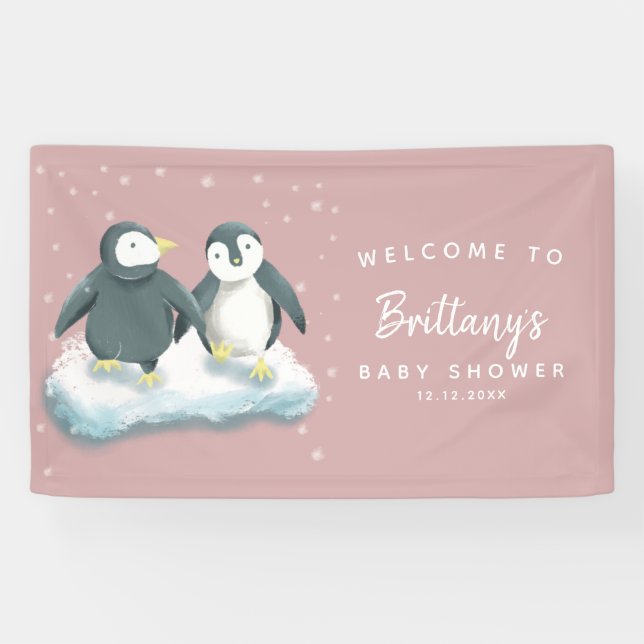 Banderoles Baby shower d'hiver féminin aux pingouins mignons (Horizontal)