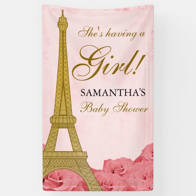 Banderoles Baby shower d'or de rose de roses de Tour Eiffel (Vertical)