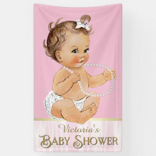 Banderoles Baby shower fille perles blanches roses