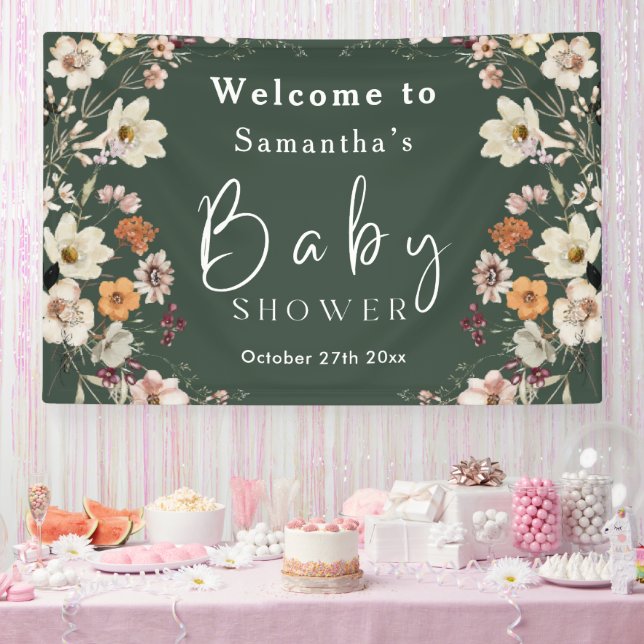 Banderoles Baby shower Fleur sauvage moderne Dark Green Boho (Fête)
