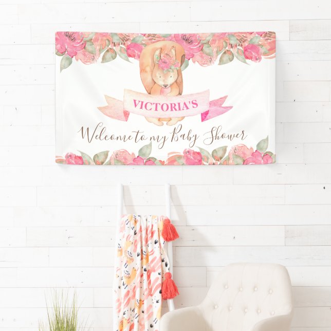 Banderoles Baby shower Floral d'écureuil forestier Bienvenue (En situation)
