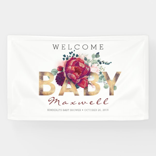 Banderoles Baby shower Floral d'or et de Bourgogne (Horizontal)
