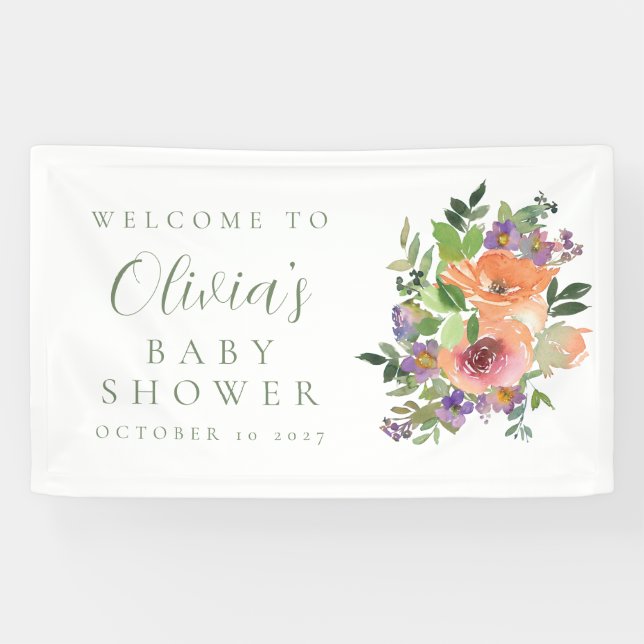 Banderoles Baby shower Floral Purple Orange Minimal Bienvenue (Horizontal)