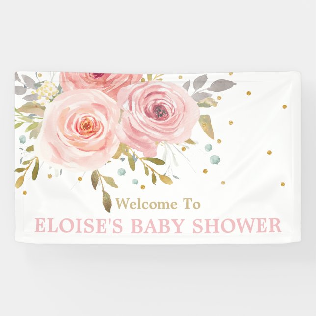 Banderoles Baby shower floral rose pâle en toile de fond Bien (Horizontal)