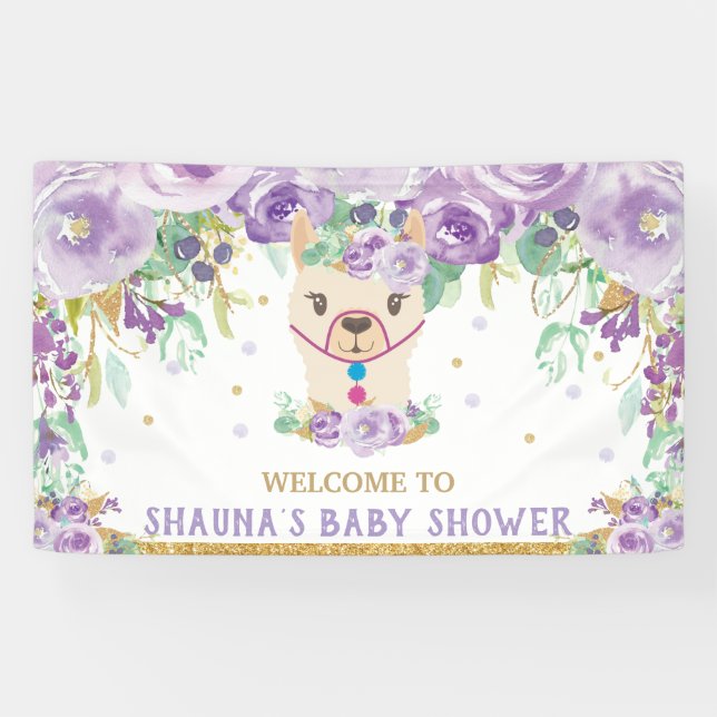 Banderoles Baby shower Llama Floral Violet Accueil (Horizontal)