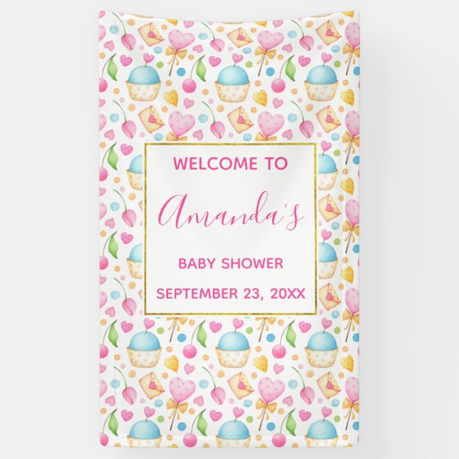 Banderoles Baby shower Motif d'aquarelle Coeurs et Cupcakes (Vertical)