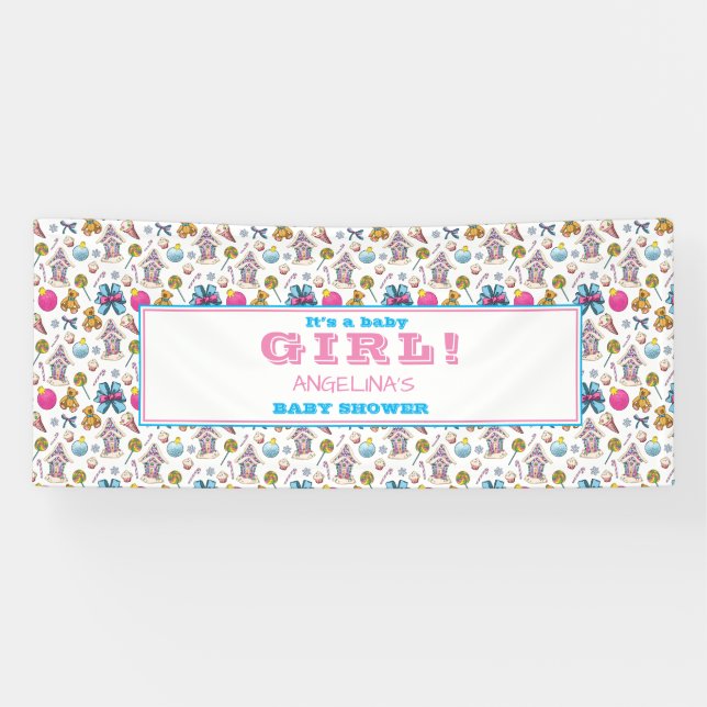 Banderoles Baby shower Motif de Noël rose et bleu (Horizontal)