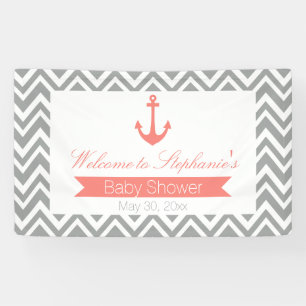 Banderoles Baby shower nautique gris Chevron et corail rose
