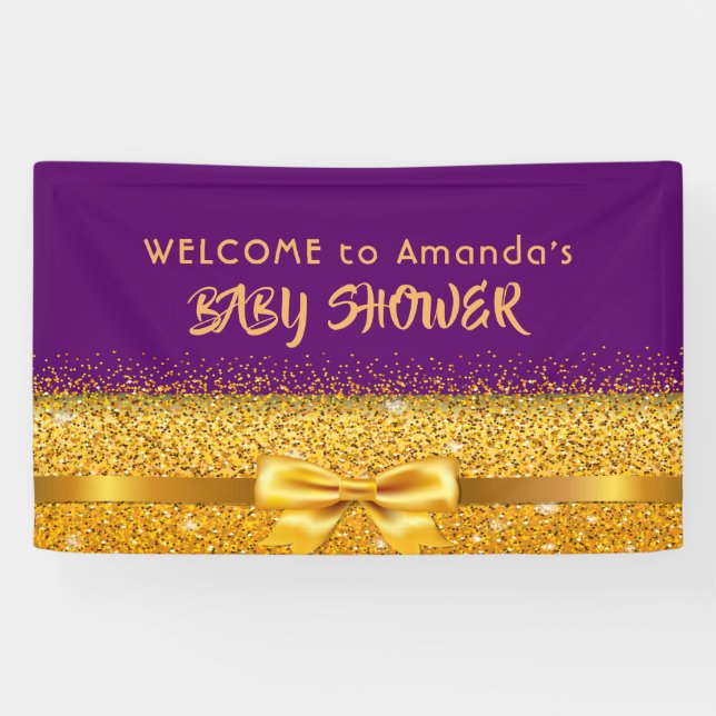 Banderoles Baby shower or violet nom monogramme d'accueil (Horizontal)