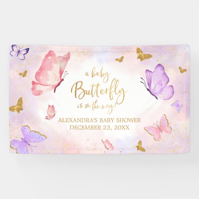 Banderoles Baby shower papillon violet rose or (Horizontal)