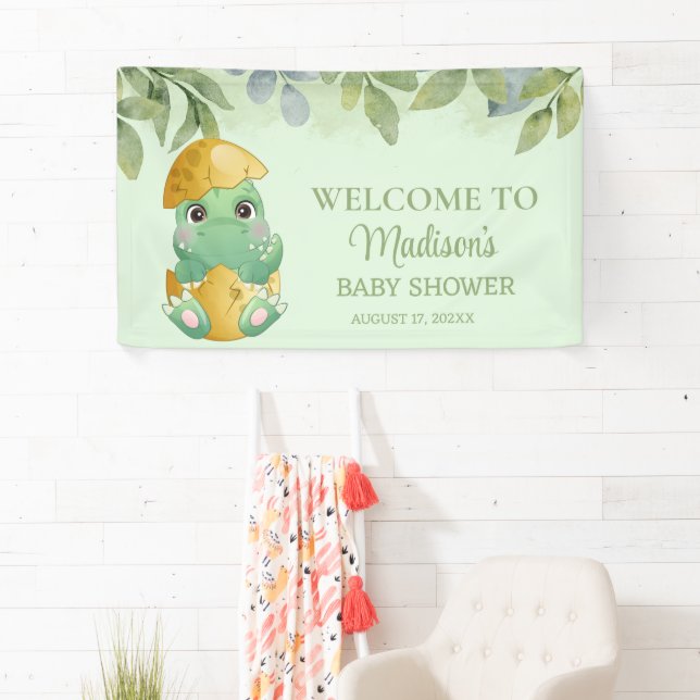 Banderoles Baby shower pour garçons de dinosaures vert (En situation)