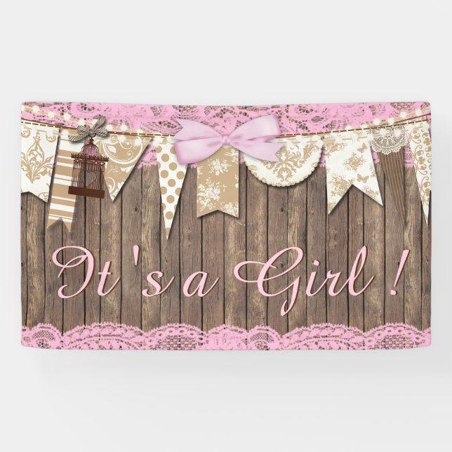 Banderoles Baby shower Rustique de dentelle rose bois (Horizontal)