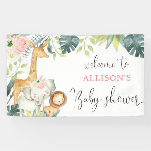 Banderoles Baby shower Safari rose vif fille à fleurs sur fon