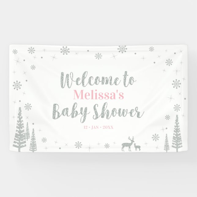 Banderoles Baby shower Silver Pink Winter Wonderland Bienvenu (Horizontal)