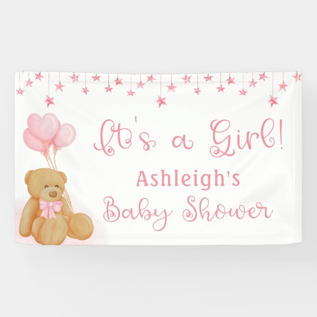 Banderoles Baby shower Teddy Bear Balloons rose C'EST UNE FIL (Horizontal)