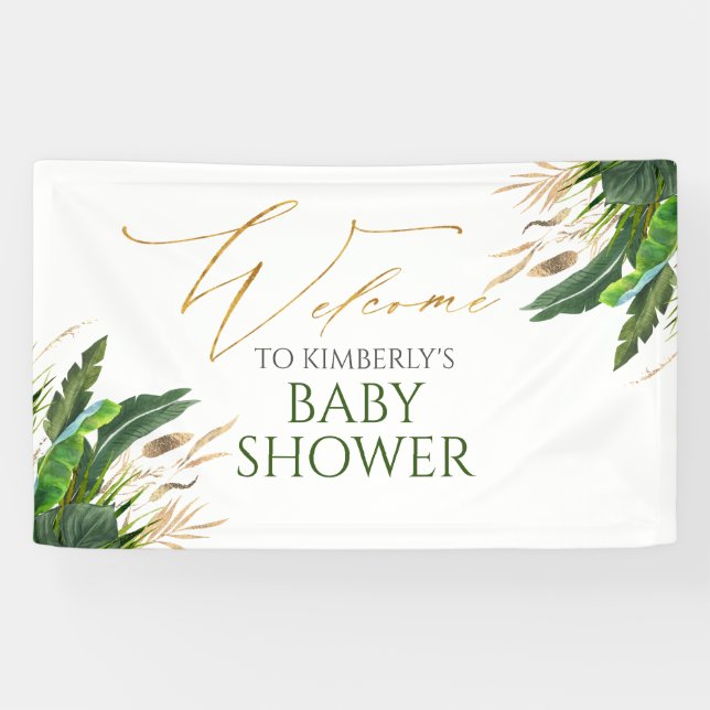 Banderoles Baby shower Tropical Green Gold Feuilles Bienvenue (Horizontal)
