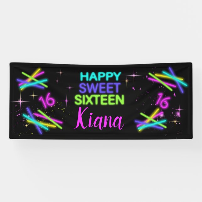 Banderoles Baguette de Neon Glow Sweet 16 Nom ID760 (Horizontal)