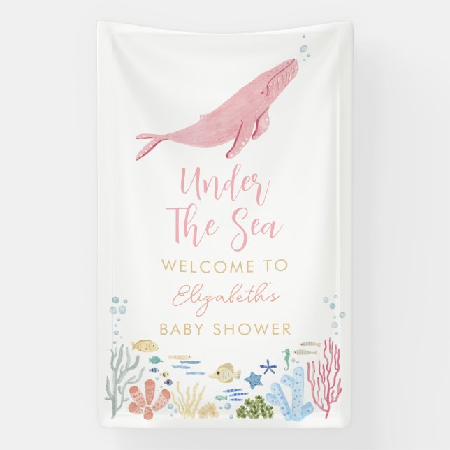 Banderoles Baleine rose Sous Le Baby shower De Mer Accueil (Verticale)