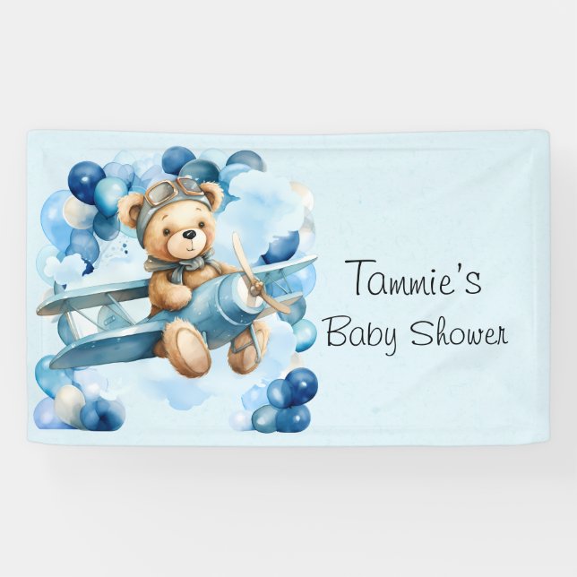 Banderoles Ballons bleu Teddy Bear Avion Baby shower de garço (Horizontal)