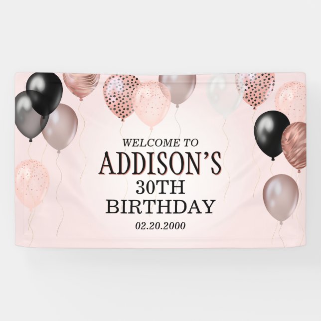 Banderoles Ballons d'or Rose d'anniversaire (Horizontal)