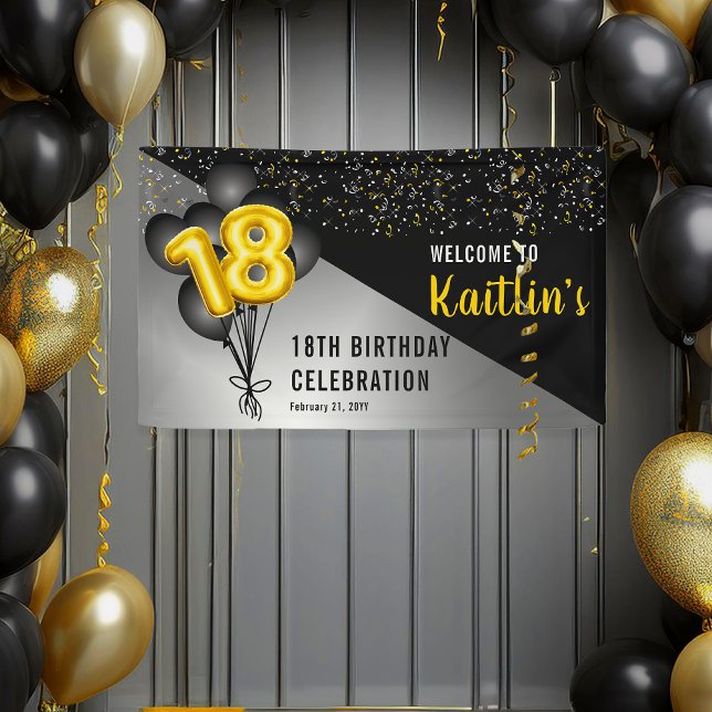 Banderoles Ballons élégants Noir | Gold 18th Birthday Party (Elegant Black Balloons and Gold Tone Balloon Numbers 18th Birthday Party Banner)