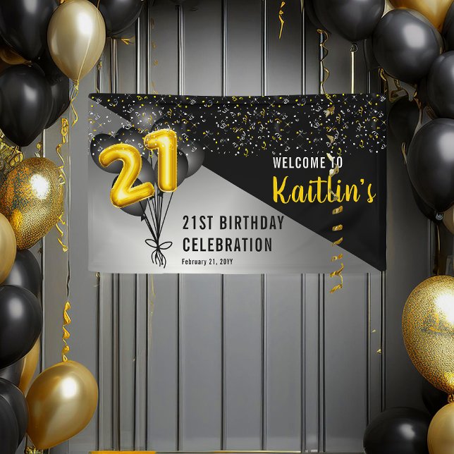 Banderoles Ballons élégants Noir | Gold 21st Birthday Party (Elegant Gold Balloon Numbers and Black Balloons "21" 21st Birthday Party Banner)