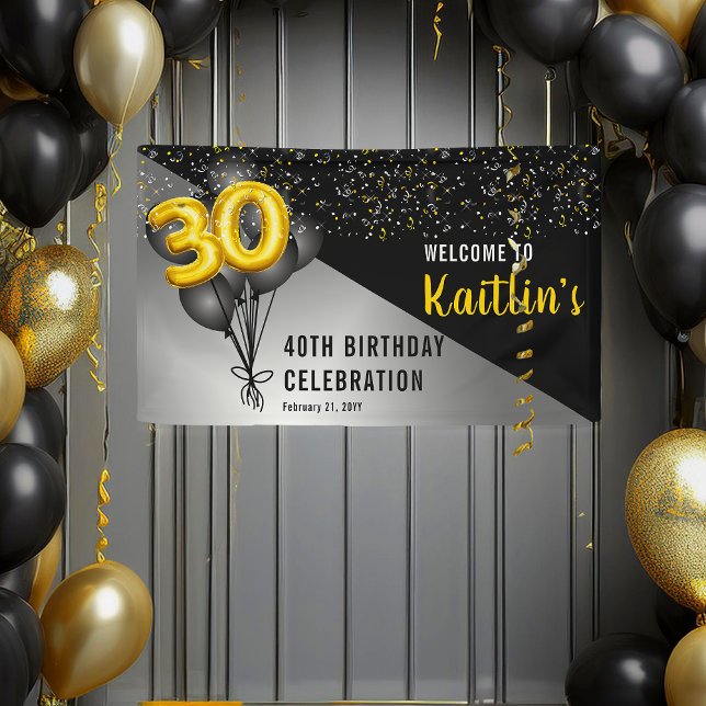 Banderoles Ballons élégants Noir | Gold 30th Birthday Party (Elegant Gold Tone Balloon Numbers and Black Balloons Black, Gold, Silver 30th Birthday Party Banner)