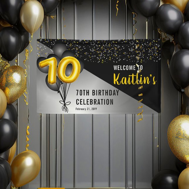Banderoles Ballons élégants Noir | Gold 70th Birthday Party (Elegant Black Balloons and Gold Tone Balloon Numbers 70th Birthday Party Banner)