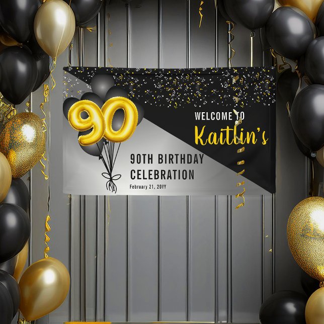 Banderoles Ballons élégants Noir | Gold 90th Birthday Party (Elegant Black Balloons and Gold Tone Balloon Numbers 90th Birthday Party Banner)