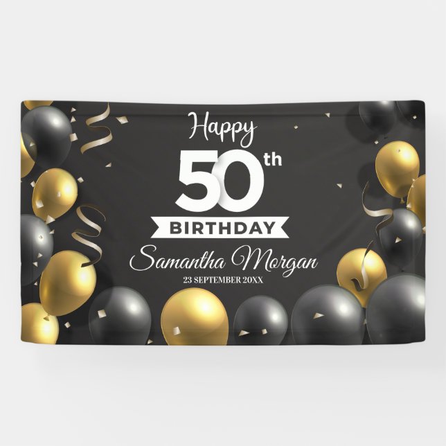 Banderoles Ballons noirs or moderne n'importe quel âge annive (Horizontal)