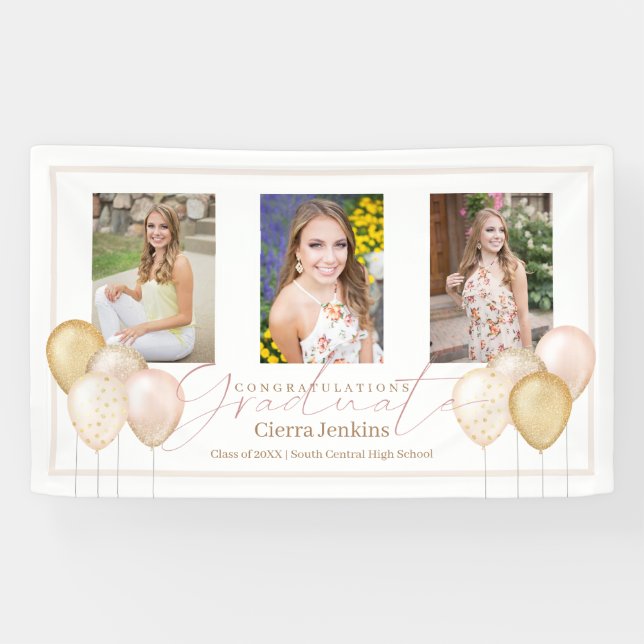 Banderoles Ballons roses Trois Photos Calligraphie Graduation (Horizontal)