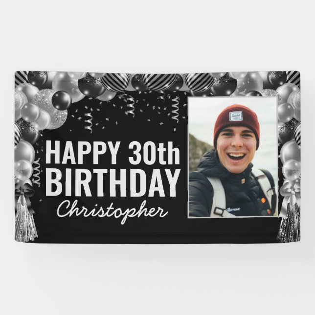 Banderoles Balloon d'argent noir Confetti Photo Joyeux annive (Horizontal)