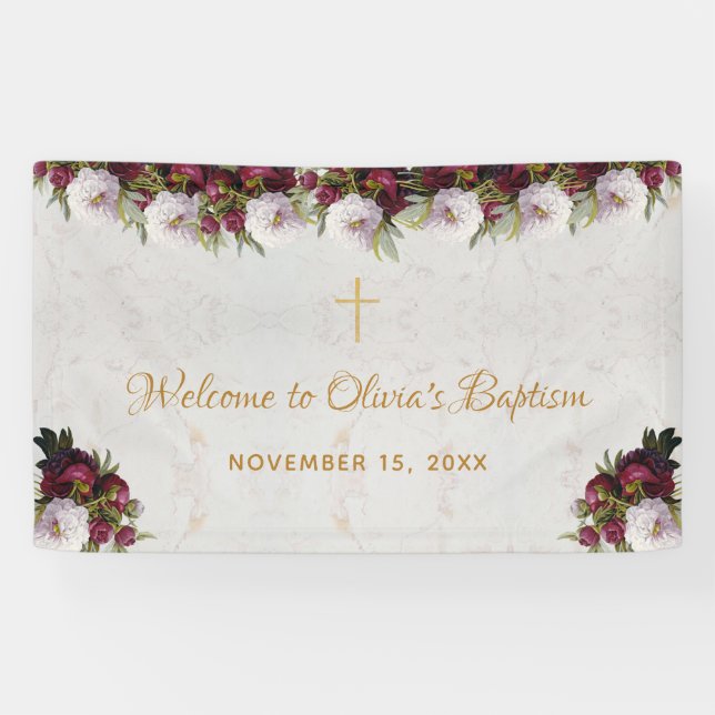 Banderoles Baptême Bienvenue Bourgogne Peony Marble Gold Cros (Horizontal)