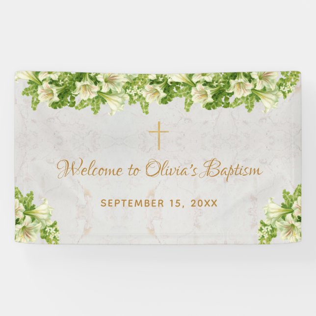 Banderoles Baptême Bienvenue Floral Blanc Lys Marbre Script (Horizontal)