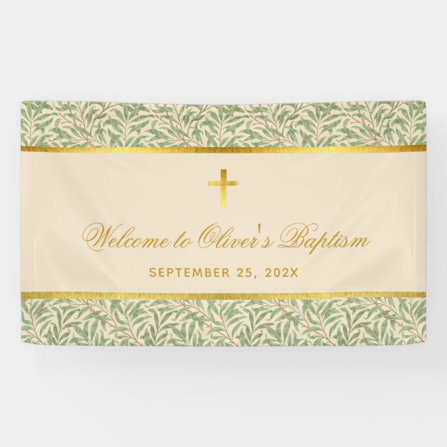 Banderoles Baptême Bienvenue Foliage Faux Gold Green Feuilles (Horizontal)
