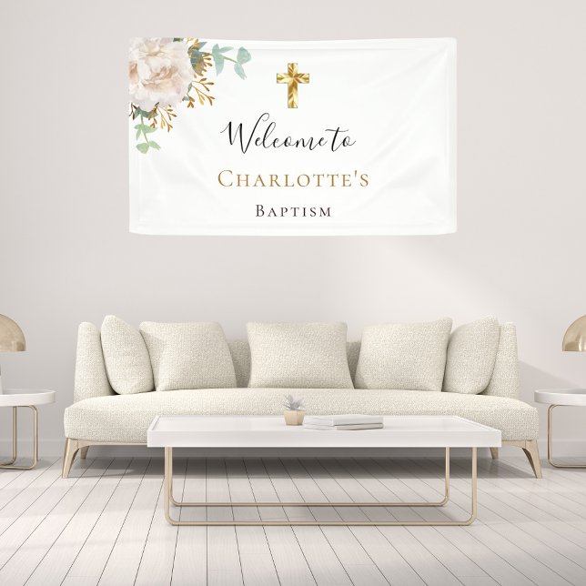 Banderoles Baptême eucalyptus blanc croix d'or floral blanc b (Créateur téléchargé)