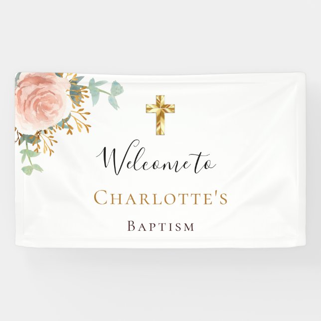 Banderoles Baptême eucalyptus rose fleuri rose or bienvenue (Horizontal)