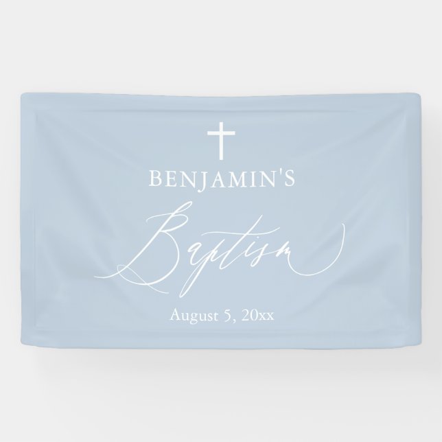 Banderoles Baptême fond bleu Dusty Blancs Croix Boy (Horizontal)